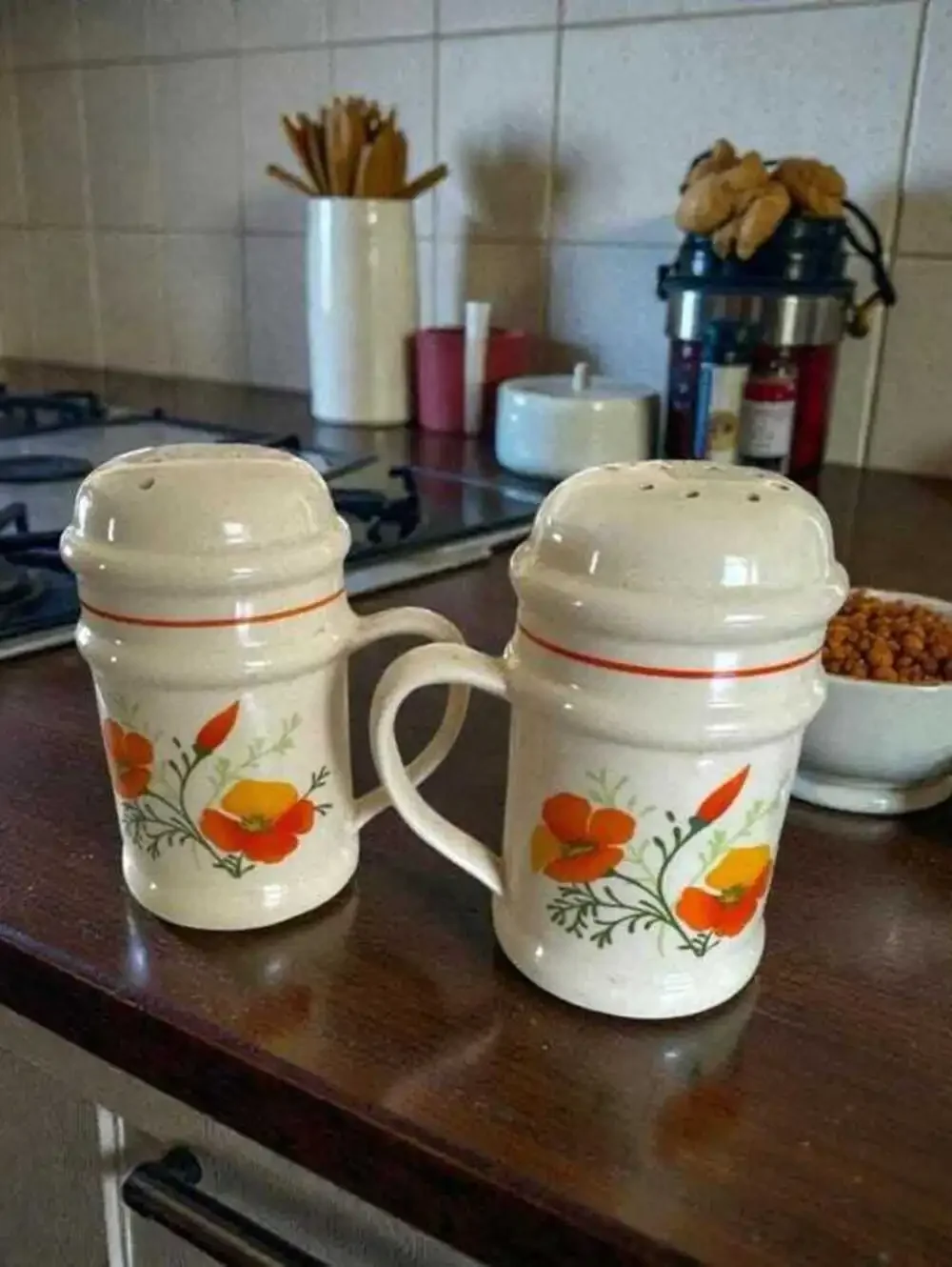 Salt & Pepper Shakers: Vintage California Poppy Stoneware (1970s Boho Style)